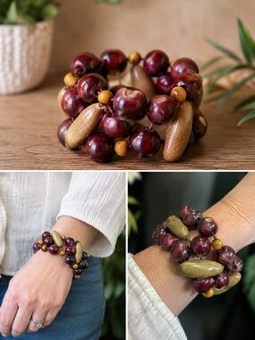 Boho Artist style painted Wood & Bead Stretch Bracelet - Burgundy and Mustard
